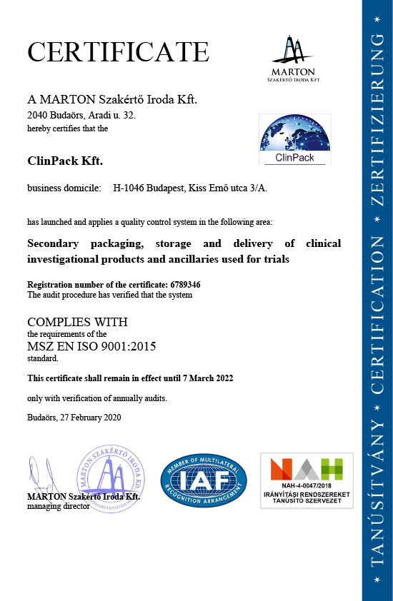 Clinpack ISO 9001 2015 Certificate